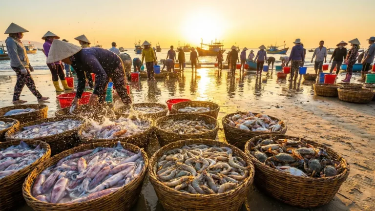 Fishermen working at sunrise beach