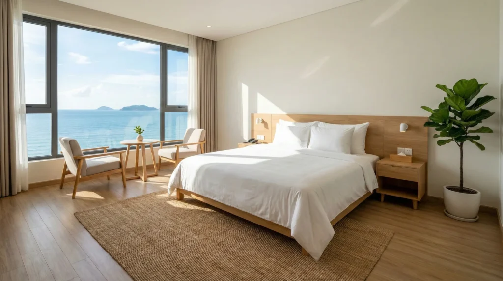 Nội thất phòng nghỉ hiện đại, sạch sẽ tại Khách sạn Hoa Mai Biển Quỳnh có cửa sổ nhìn ra biển