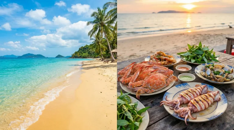 Ảnh bìa bài viết kinh nghiệm du lịch Biển Quỳnh, ghép giữa bãi biển xanh và mâm hải sản tươi ngon